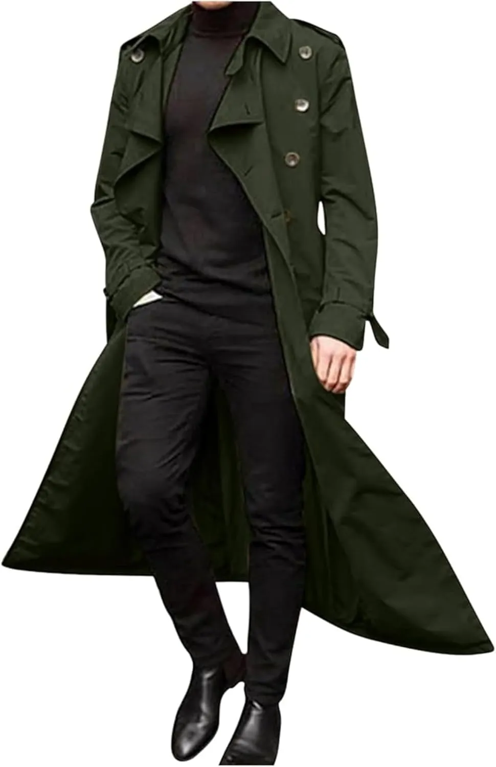 Man's Double Breasted Trench Coat Casual Lapel Long Windbreaker Slim Fit Jacket Windproof Overcoat With Belt