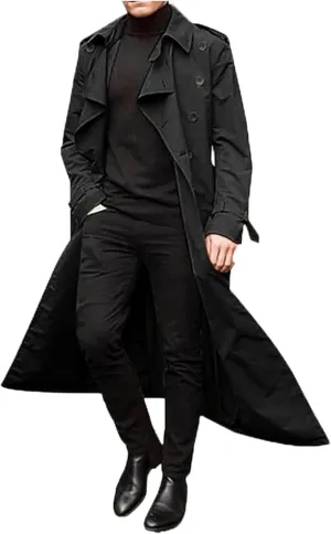 Man's Double Breasted Trench Coat Casual Lapel Long Windbreaker Slim Fit Jacket Windproof Overcoat With Belt