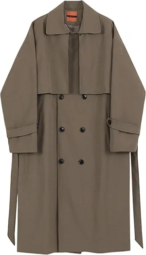 Man's Double Breasted Trench Coat Oversized Casual Loose Windbreaker Lapel Long Jacket Overcoat With Belt