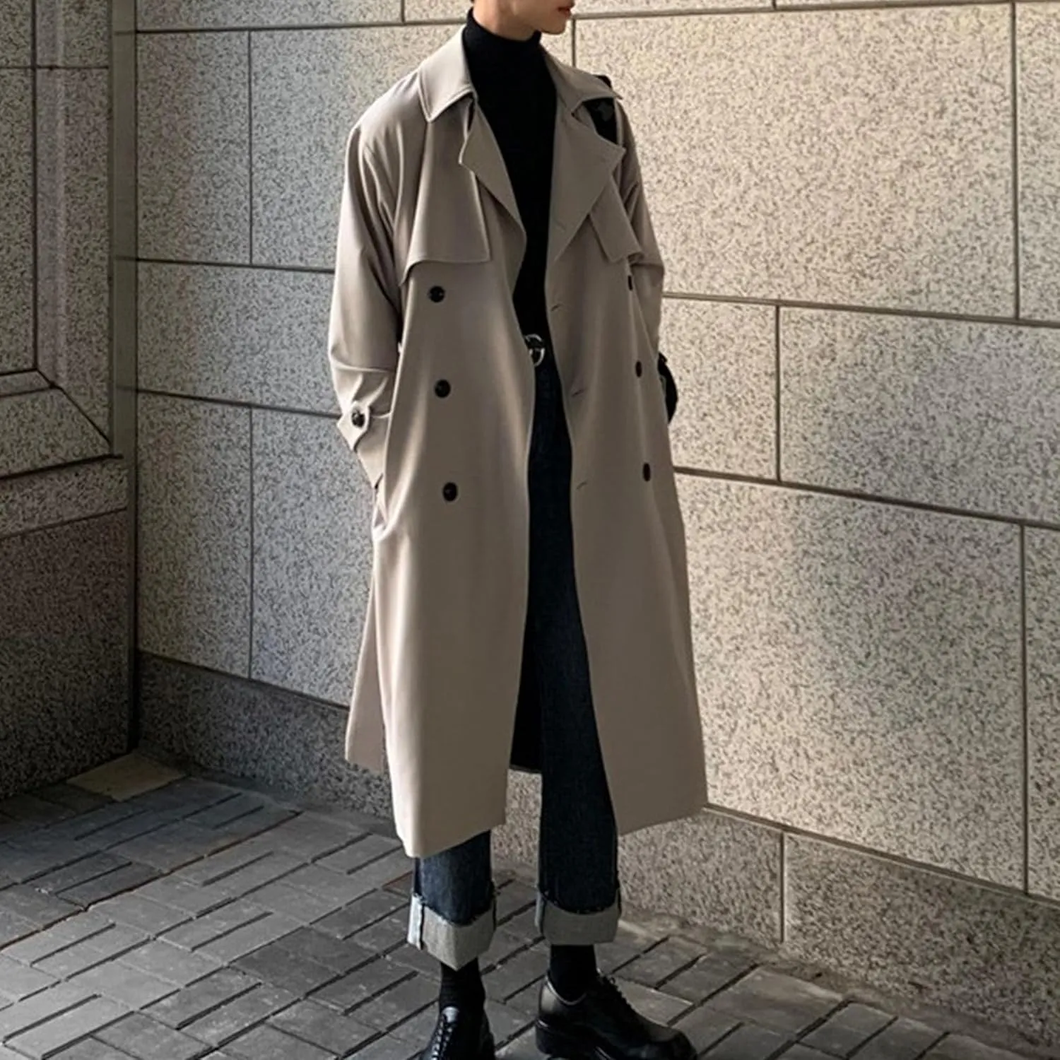 Man's Double Breasted Trench Coat Oversized Casual Loose Windbreaker Lapel Long Jacket Overcoat With Belt