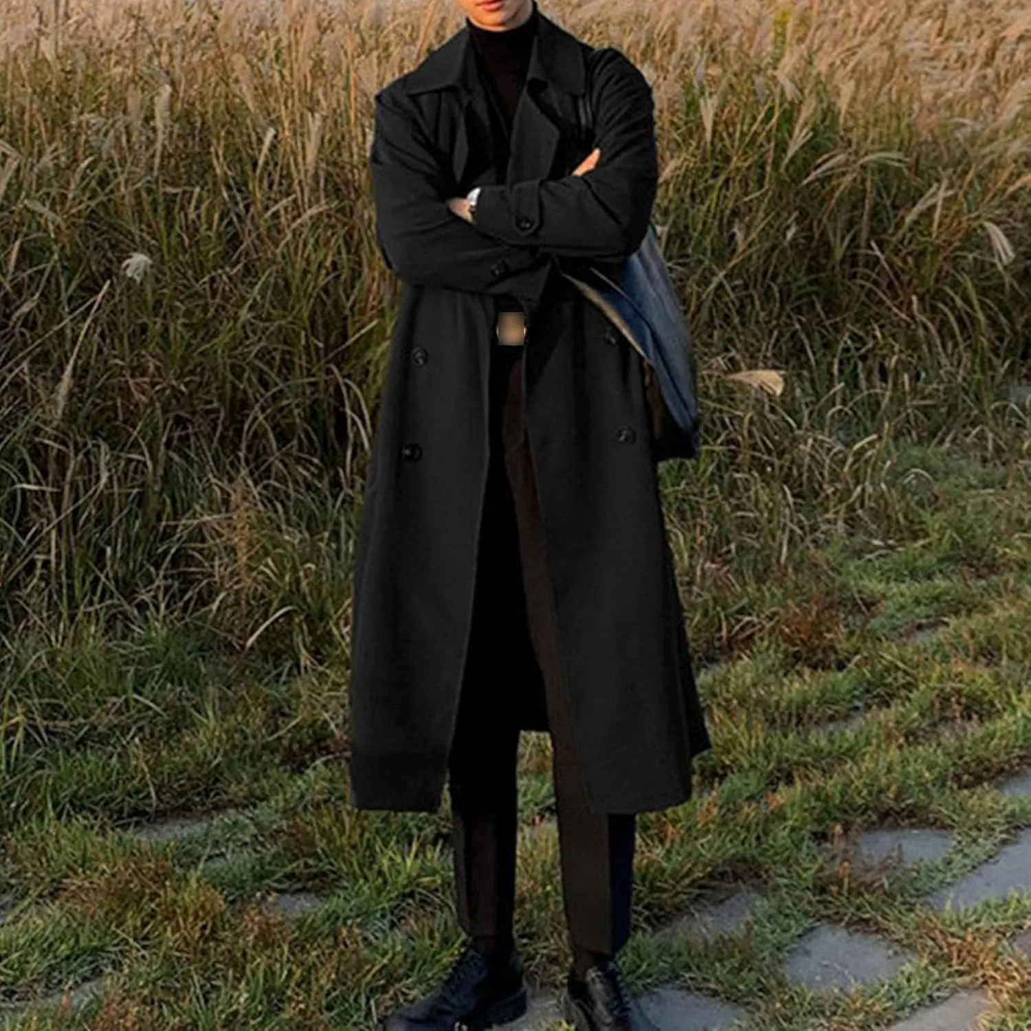 Man's Double Breasted Trench Coat Oversized Casual Loose Windbreaker Lapel Long Jacket Overcoat With Belt