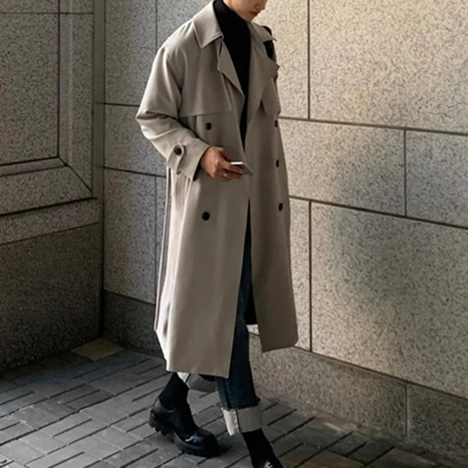 Man's Double Breasted Trench Coat Oversized Casual Loose Windbreaker Lapel Long Jacket Overcoat With Belt