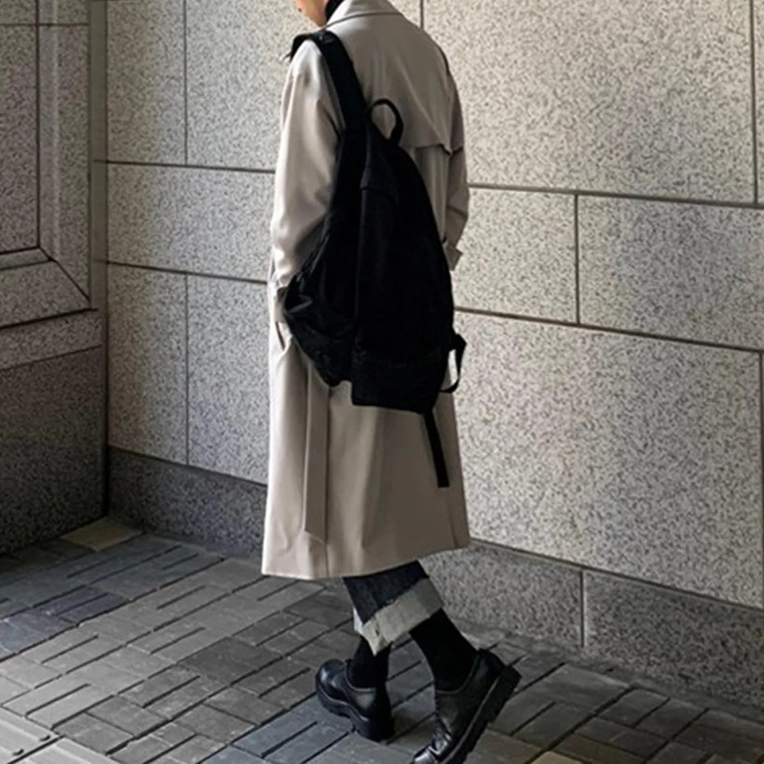 Man's Double Breasted Trench Coat Oversized Casual Loose Windbreaker Lapel Long Jacket Overcoat With Belt