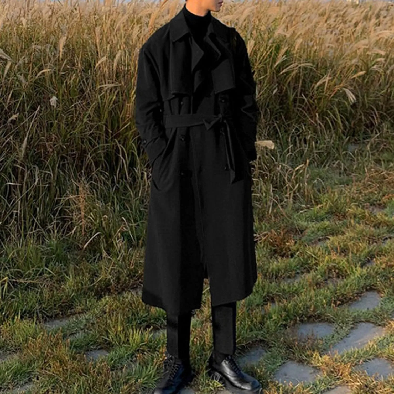 Man's Double Breasted Trench Coat Oversized Casual Loose Windbreaker Lapel Long Jacket Overcoat With Belt