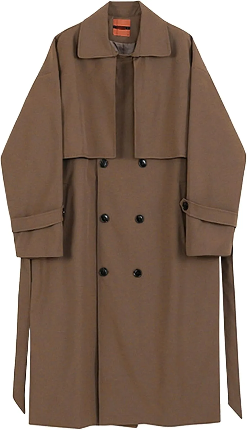 Man's Double Breasted Trench Coat Oversized Casual Loose Windbreaker Lapel Long Jacket Overcoat With Belt