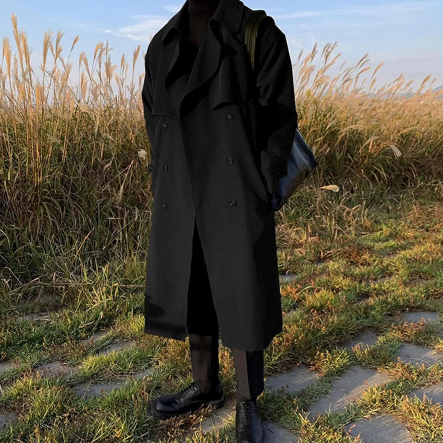 Man's Double Breasted Trench Coat Oversized Casual Loose Windbreaker Lapel Long Jacket Overcoat With Belt
