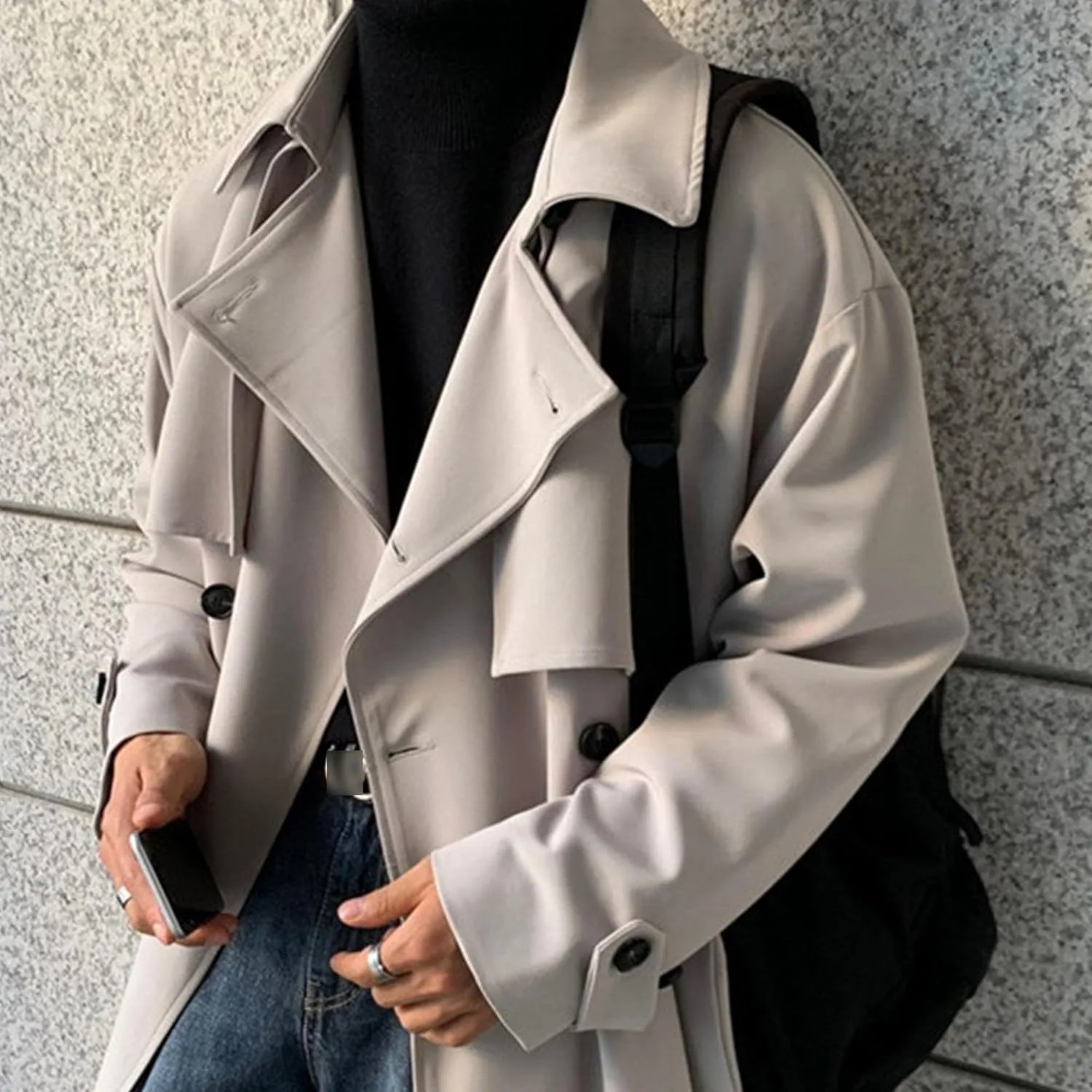 Man's Double Breasted Trench Coat Oversized Casual Loose Windbreaker Lapel Long Jacket Overcoat With Belt