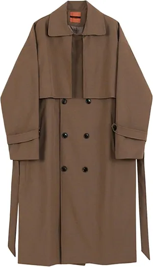 Man's Double Breasted Trench Coat Oversized Casual Loose Windbreaker Lapel Long Jacket Overcoat With Belt
