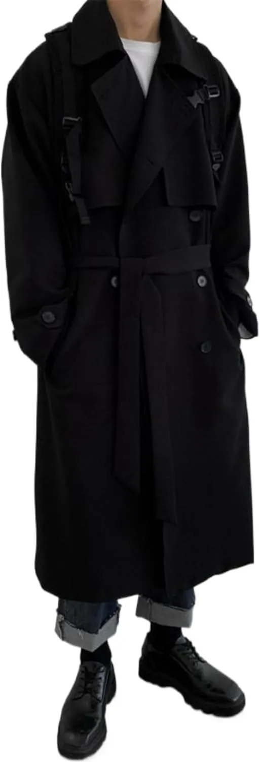 Man's Double Breasted Trench Coat Oversized Casual Windbreaker Casual Lapel Long Jacket Overcoat