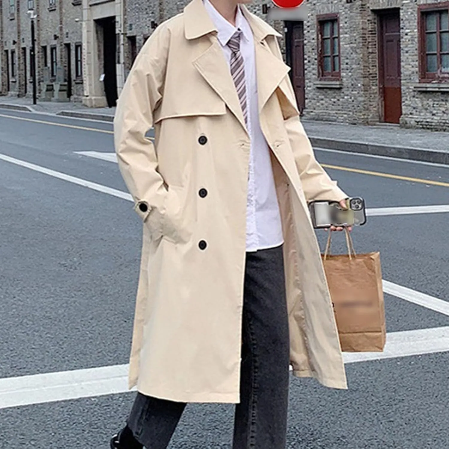 Man's Double Breasted Trench Coat Oversized Casual Windbreaker Casual Lapel Long Jacket Overcoat