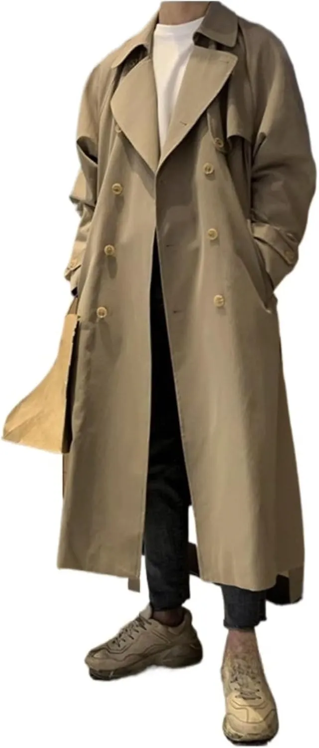 Man's Double Breasted Trench Coat Oversized Casual Windbreaker Casual Lapel Long Jacket Overcoat