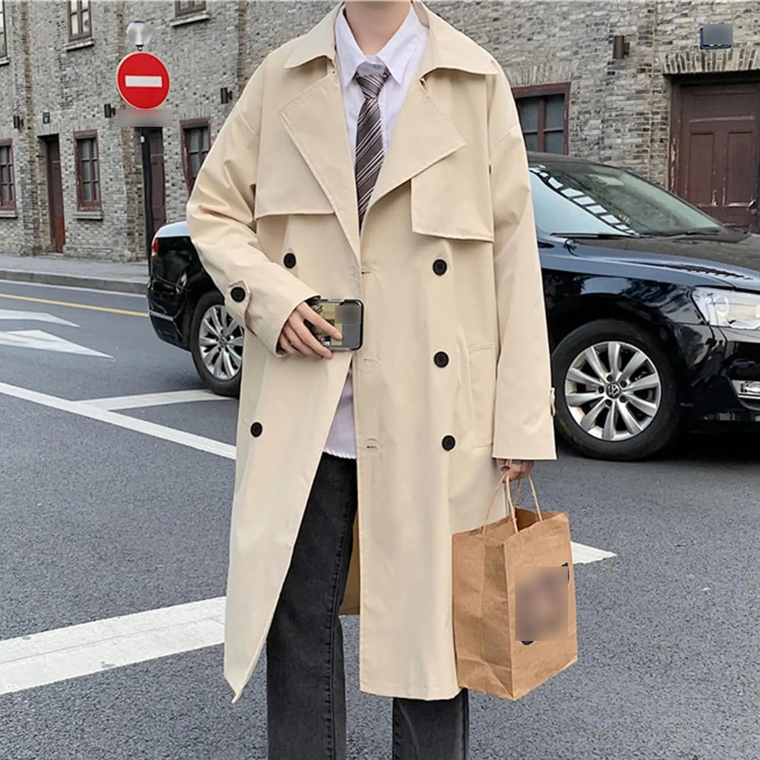 Man's Double Breasted Trench Coat Oversized Casual Windbreaker Casual Lapel Long Jacket Overcoat