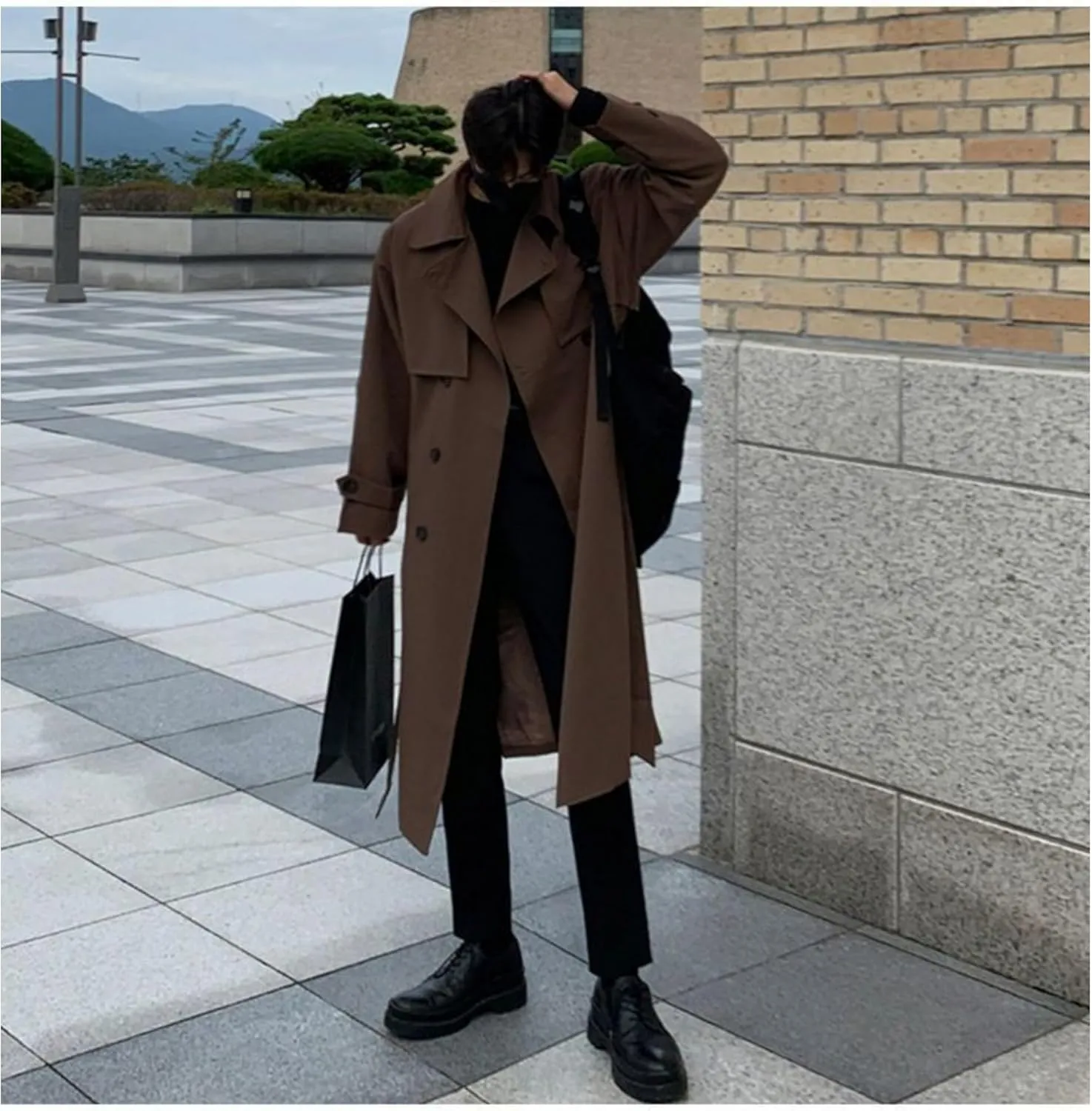 Man's Double Breasted Trench Coat Oversized Casual Windbreaker Casual Lapel Long Jacket Overcoat
