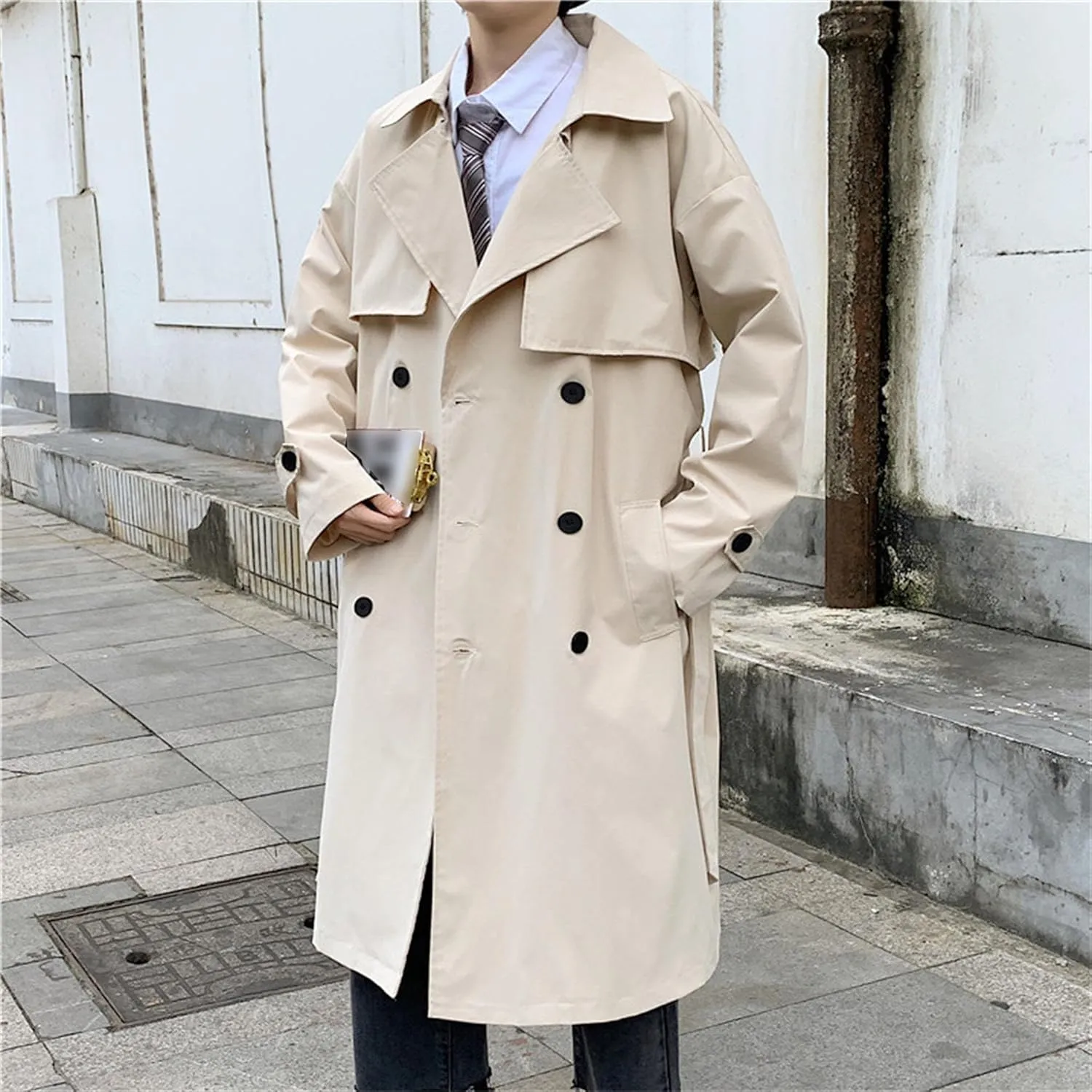 Man's Double Breasted Trench Coat Oversized Casual Windbreaker Casual Lapel Long Jacket Overcoat