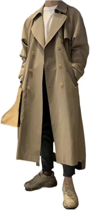 Man's Double Breasted Trench Coat Oversized Casual Windbreaker Casual Lapel Long Jacket Overcoat