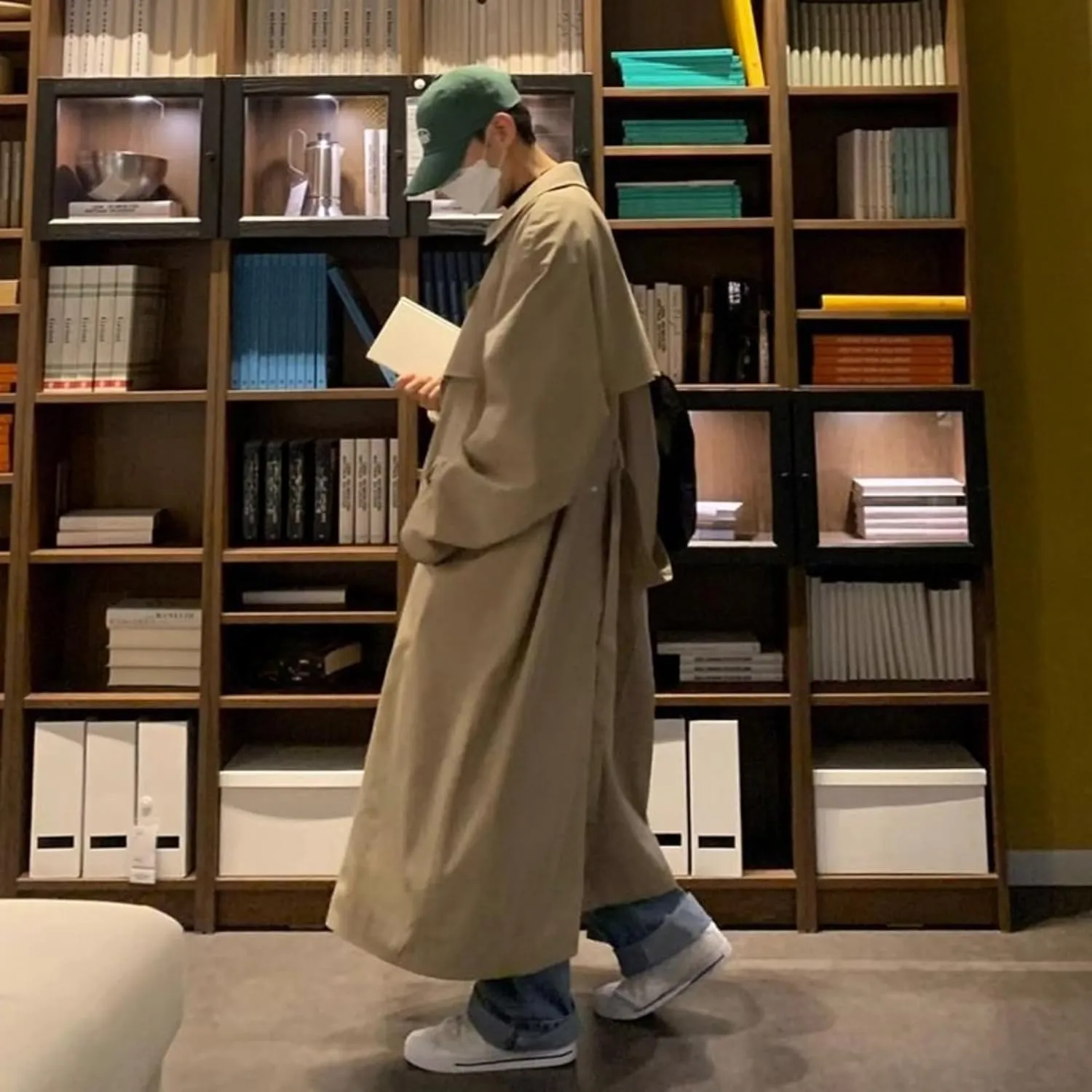 Man's Double Breasted Trench Coat Oversized Casual Windbreaker Casual Lapel Long Jacket Overcoat