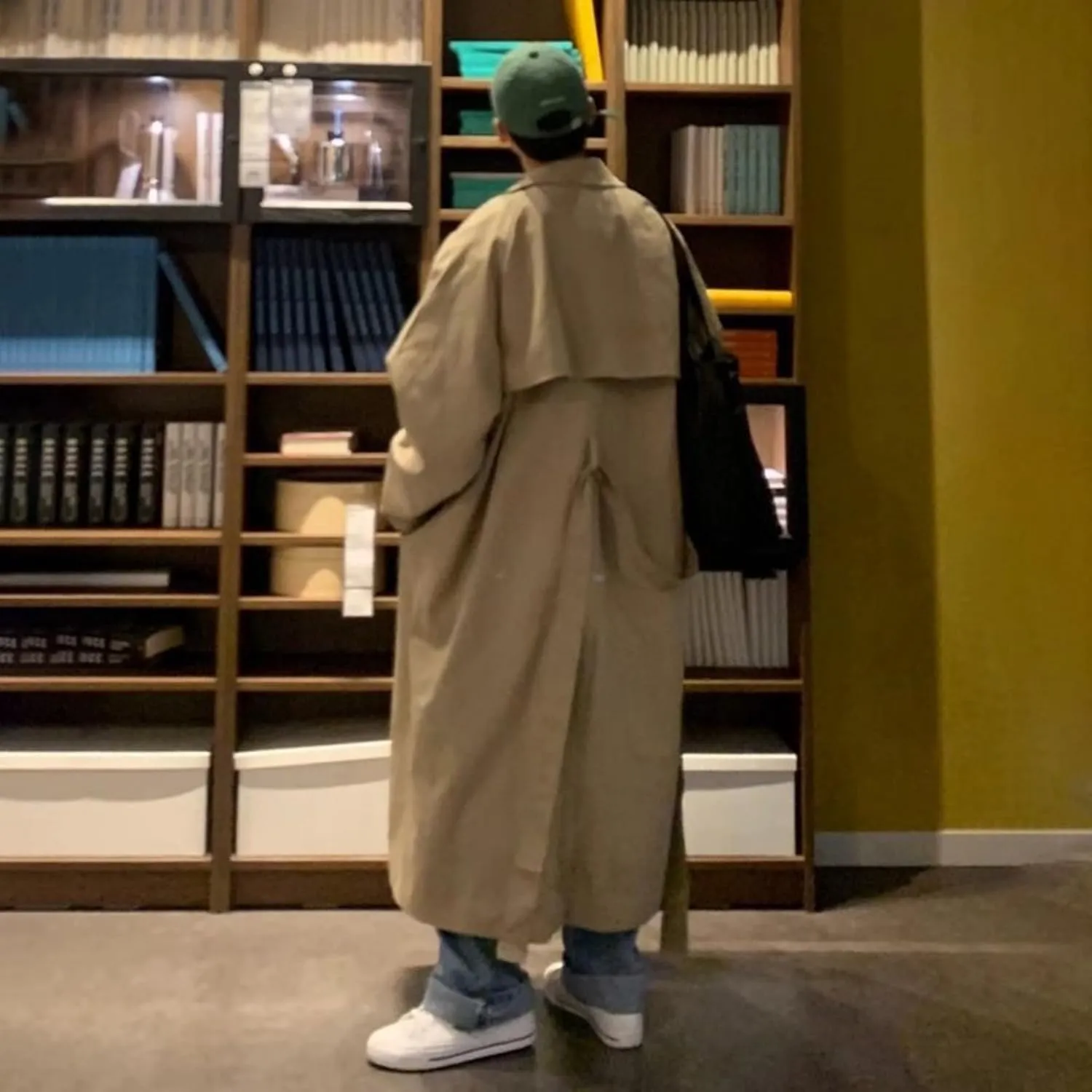 Man's Double Breasted Trench Coat Oversized Casual Windbreaker Casual Lapel Long Jacket Overcoat