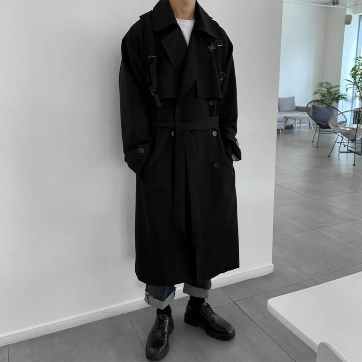 Man's Double Breasted Trench Coat Oversized Casual Windbreaker Casual Lapel Long Jacket Overcoat
