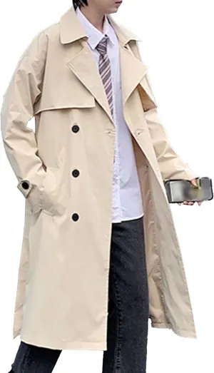 Man's Double Breasted Trench Coat Oversized Casual Windbreaker Casual Lapel Long Jacket Overcoat