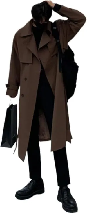 Man's Double Breasted Trench Coat Oversized Casual Windbreaker Casual Lapel Long Jacket Overcoat