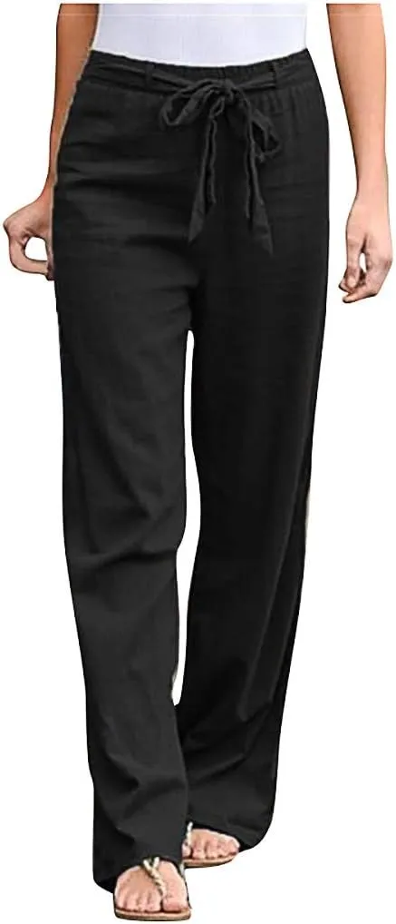 Maryia Casual Cotton Linen Baggy Cropped Pants for Women Stretch Pull On Capris Flowy Sweatpants Drawstring Summer Trousers
