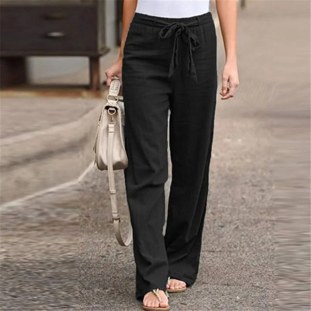 Maryia Casual Cotton Linen Baggy Cropped Pants for Women Stretch Pull On Capris Flowy Sweatpants Drawstring Summer Trousers