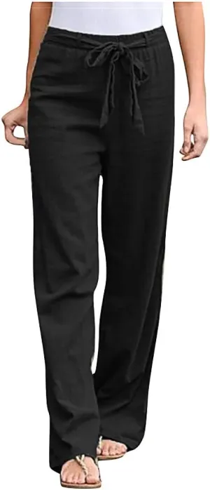 Maryia Casual Cotton Linen Baggy Cropped Pants for Women Stretch Pull On Capris Flowy Sweatpants Drawstring Summer Trousers