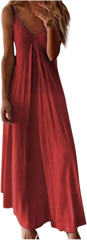 Maxi Dresses for Women 2025 Casual Strappy V Neck Sleeveless Summer Dresses Flowy Pleated Loose Beach Long Dress