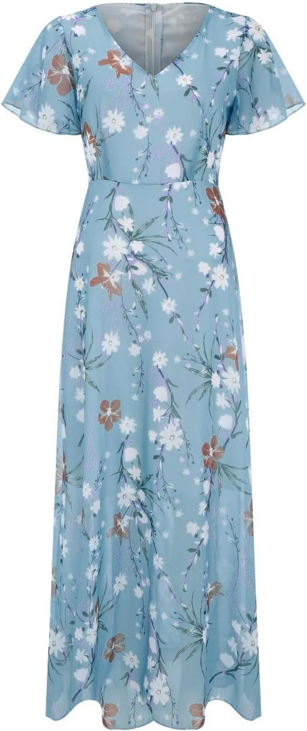 Maxi Dresses for Women Floral Print Flowy Chiffon Long Dress V Neck Ruffle Sleeve High Waist Vacation Summer Dress