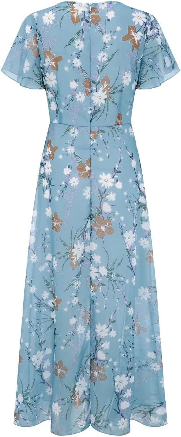 Maxi Dresses for Women Floral Print Flowy Chiffon Long Dress V Neck Ruffle Sleeve High Waist Vacation Summer Dress