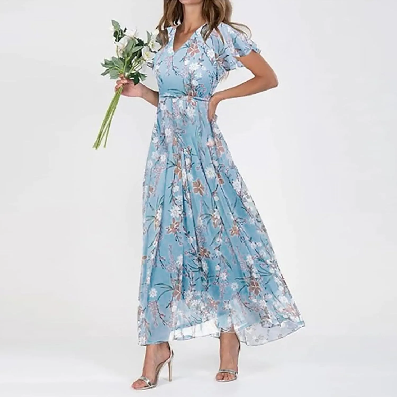 Maxi Dresses for Women Floral Print Flowy Chiffon Long Dress V Neck Ruffle Sleeve High Waist Vacation Summer Dress