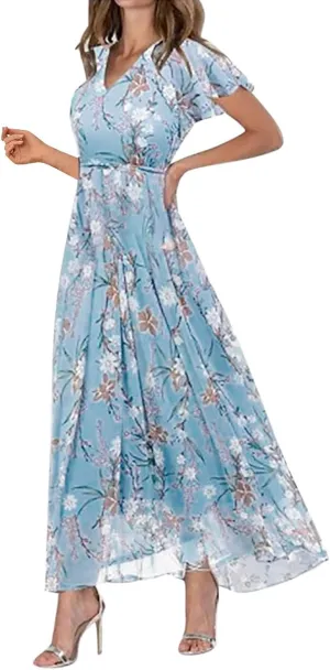Maxi Dresses for Women Floral Print Flowy Chiffon Long Dress V Neck Ruffle Sleeve High Waist Vacation Summer Dress