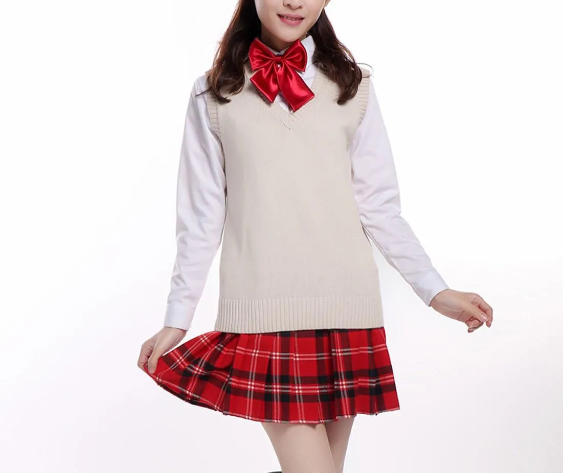 Men Women Knitted Cotton V-Neck Vest JK Uniform Pullover Sleeveless Sweater School Cardigan