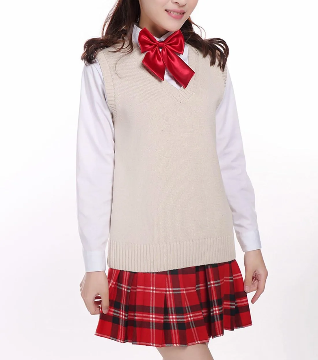 Men Women Knitted Cotton V-Neck Vest JK Uniform Pullover Sleeveless Sweater School Cardigan