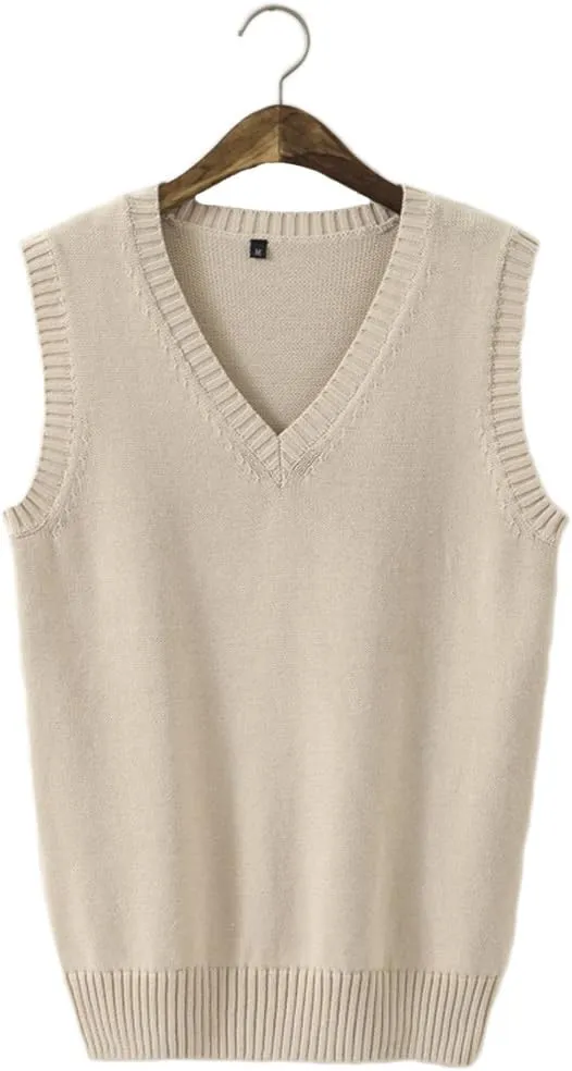 Men Women Knitted Cotton V-Neck Vest JK Uniform Pullover Sleeveless Sweater School Cardigan