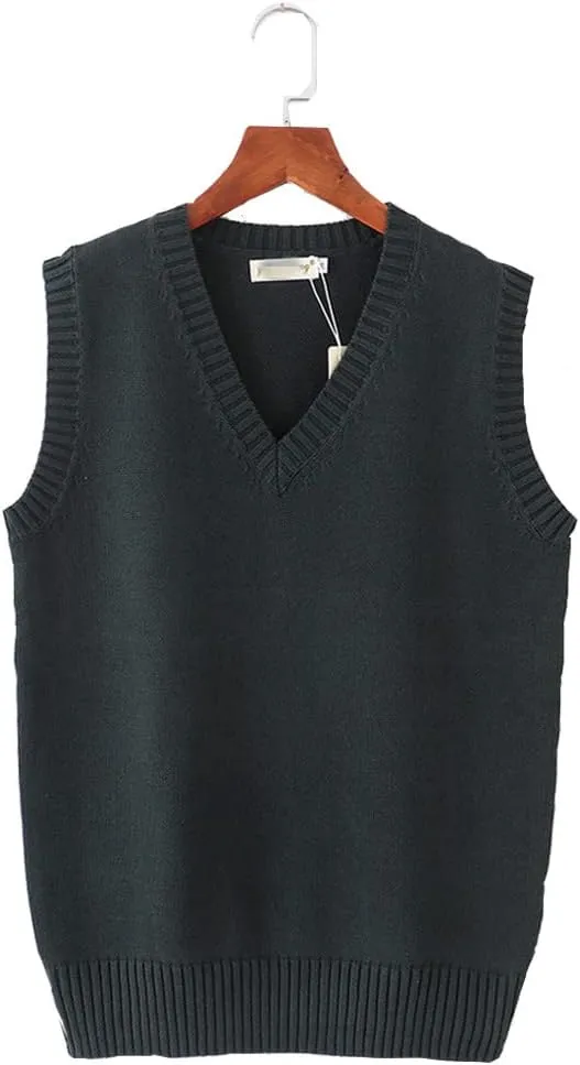 Men Women Knitted Cotton V-Neck Vest JK Uniform Pullover Sleeveless Sweater School Cardigan
