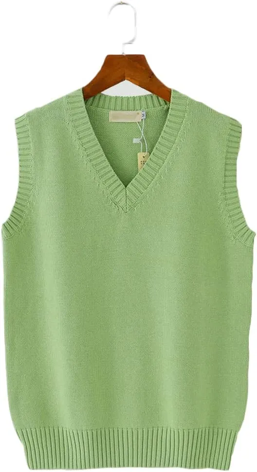Men Women Knitted Cotton V-Neck Vest JK Uniform Pullover Sleeveless Sweater School Cardigan