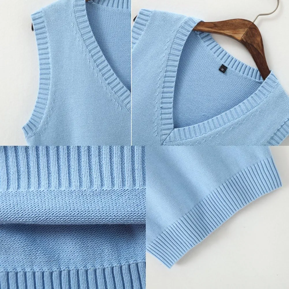 Men Women Knitted Cotton V-Neck Vest JK Uniform Pullover Sleeveless Sweater School Cardigan