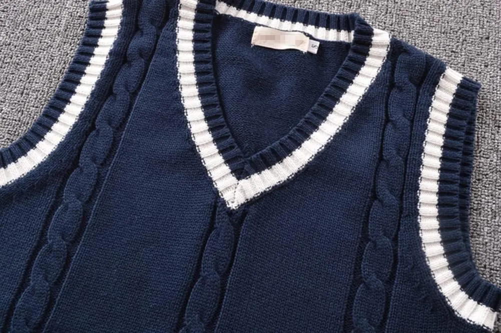 Men Women Knitted Cotton V-Neck Vest JK Uniform Pullover Sleeveless Sweater School Cardigan