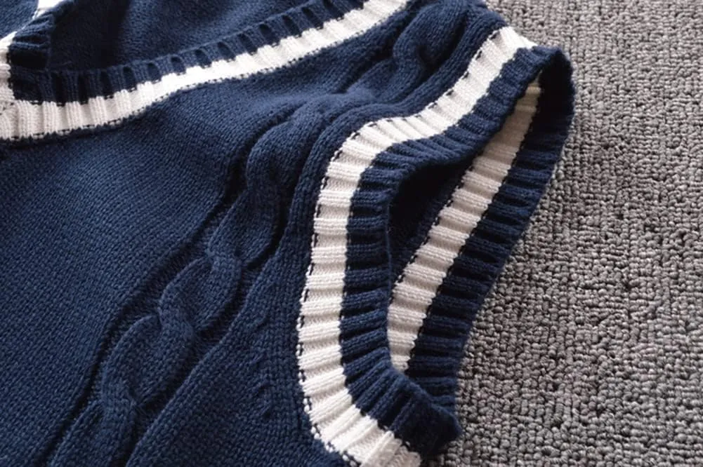 Men Women Knitted Cotton V-Neck Vest JK Uniform Pullover Sleeveless Sweater School Cardigan