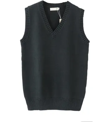 Men Women Knitted Cotton V-Neck Vest JK Uniform Pullover Sleeveless Sweater School Cardigan