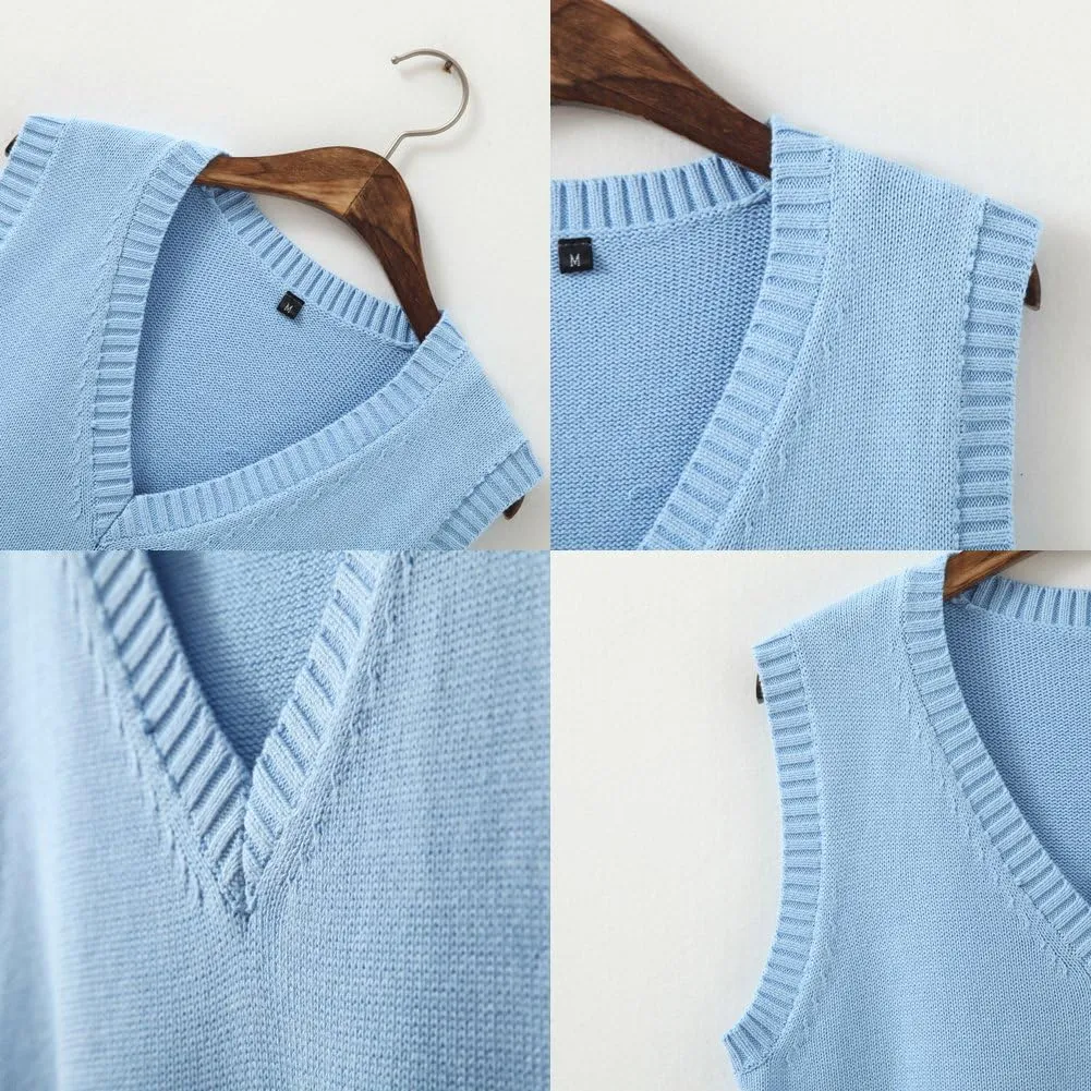 Men Women Knitted Cotton V-Neck Vest JK Uniform Pullover Sleeveless Sweater School Cardigan
