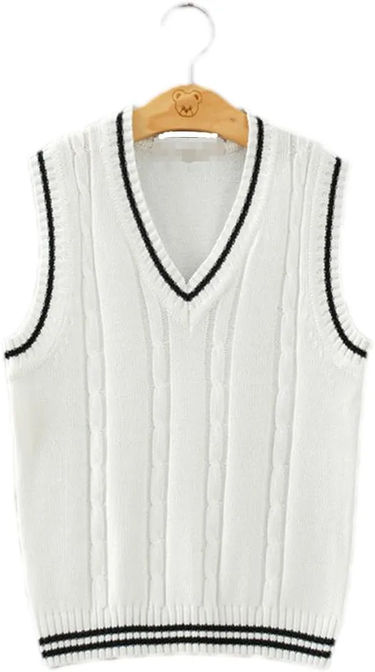 Men Women Knitted Cotton V-Neck Vest JK Uniform Pullover Sleeveless Sweater School Cardigan