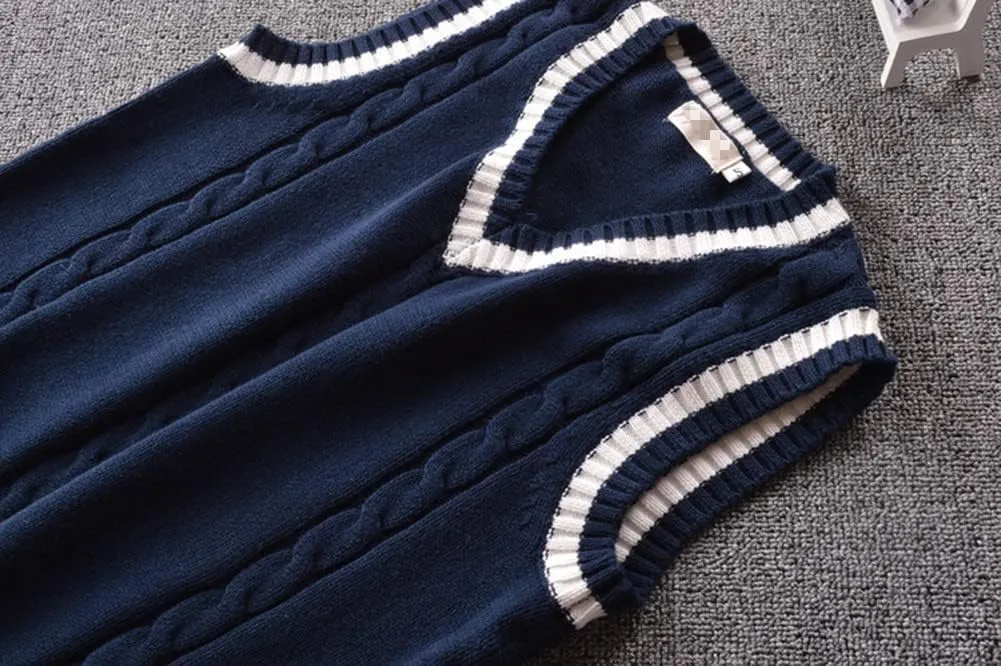 Men Women Knitted Cotton V-Neck Vest JK Uniform Pullover Sleeveless Sweater School Cardigan