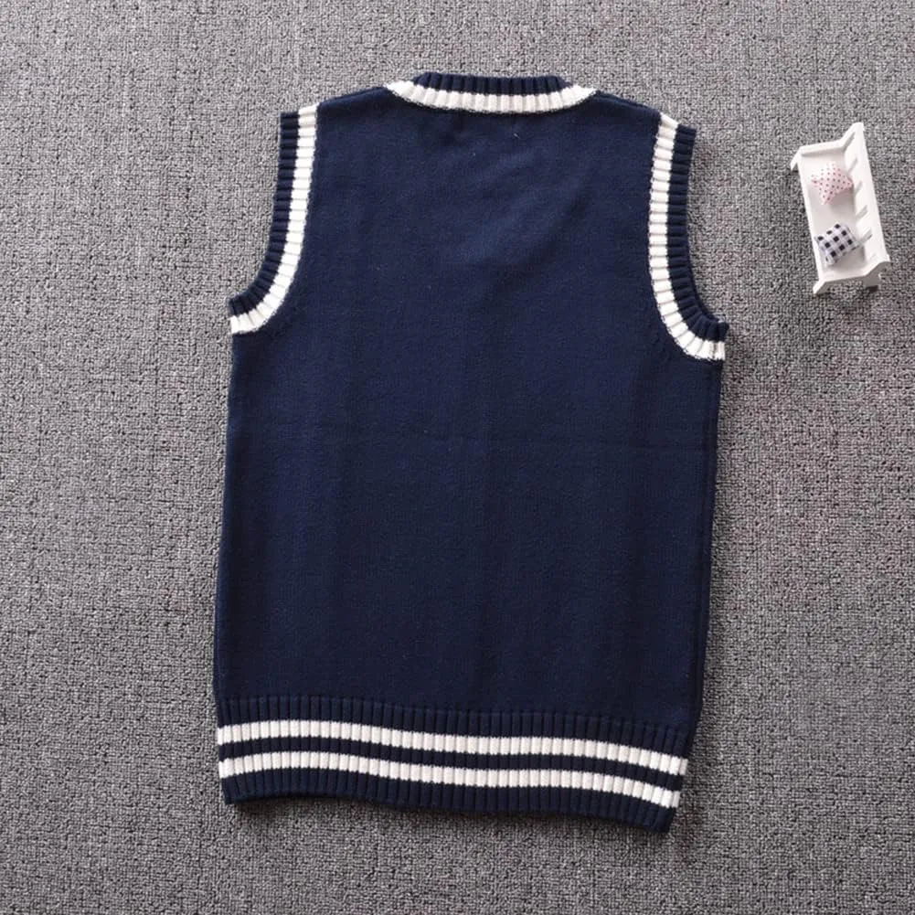 Men Women Knitted Cotton V-Neck Vest JK Uniform Pullover Sleeveless Sweater School Cardigan