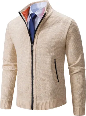 Men's Cardigan Sweaters Full Zip Up Stand Collar Slim Fit Casual Knitted Sweater with 2 Front Pockets