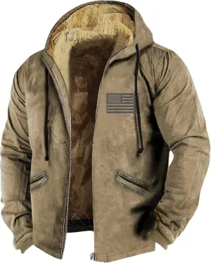 Mens Coat Sherpa Fleece Lined Hoodies Full Zipper Coats Winter Warm Jackets Vintage Printed Outwear