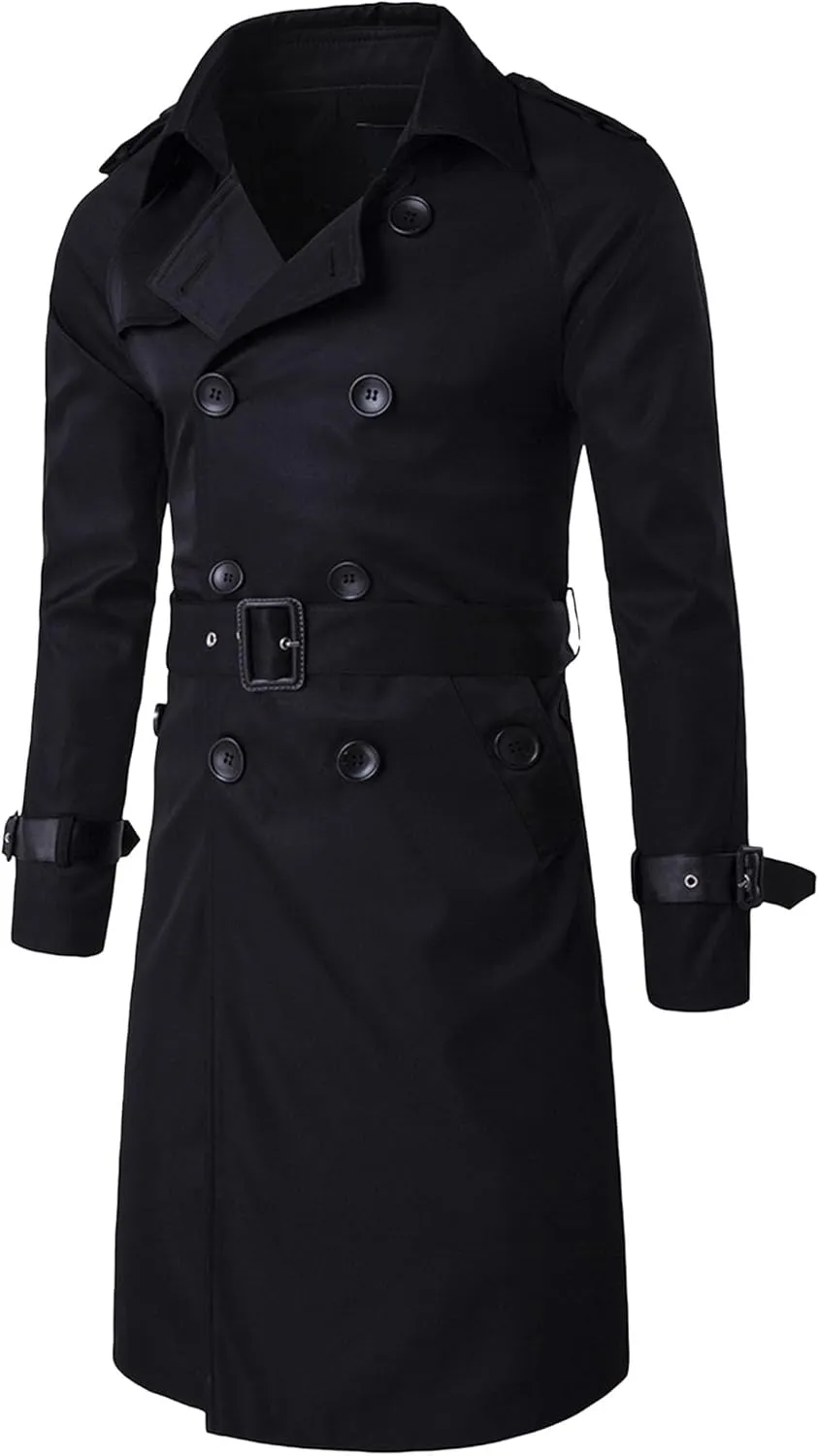 Men's Double Breasted Long Trench Coat Slim Fit Mid Long Belted Windbreaker Stylish Lapel Overcoat with Pocket