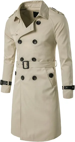 Men's Double Breasted Long Trench Coat Slim Fit Mid Long Belted Windbreaker Stylish Lapel Overcoat with Pocket