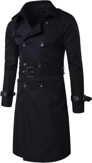 Men's Double Breasted Long Trench Coat Slim Fit Mid Long Belted Windbreaker Stylish Lapel Overcoat with Pocket